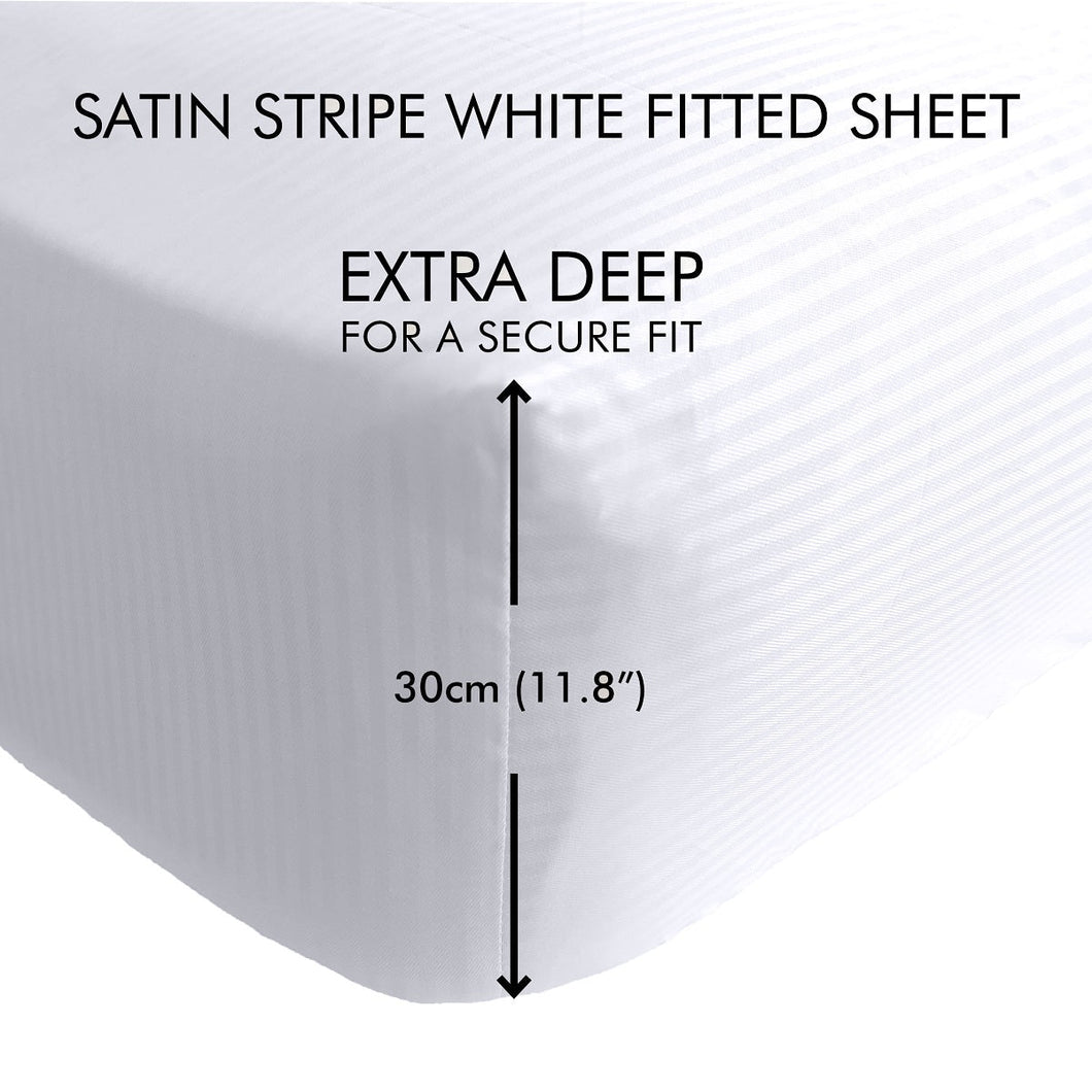 300TC White Satin Stripe Fitted Sheet