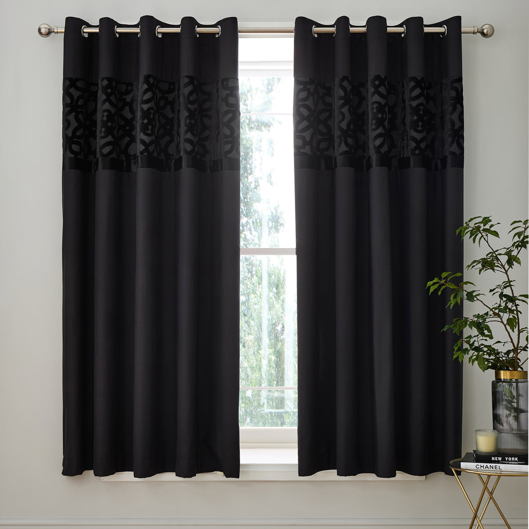 Lattice Cut Eyelet Curtains - Black