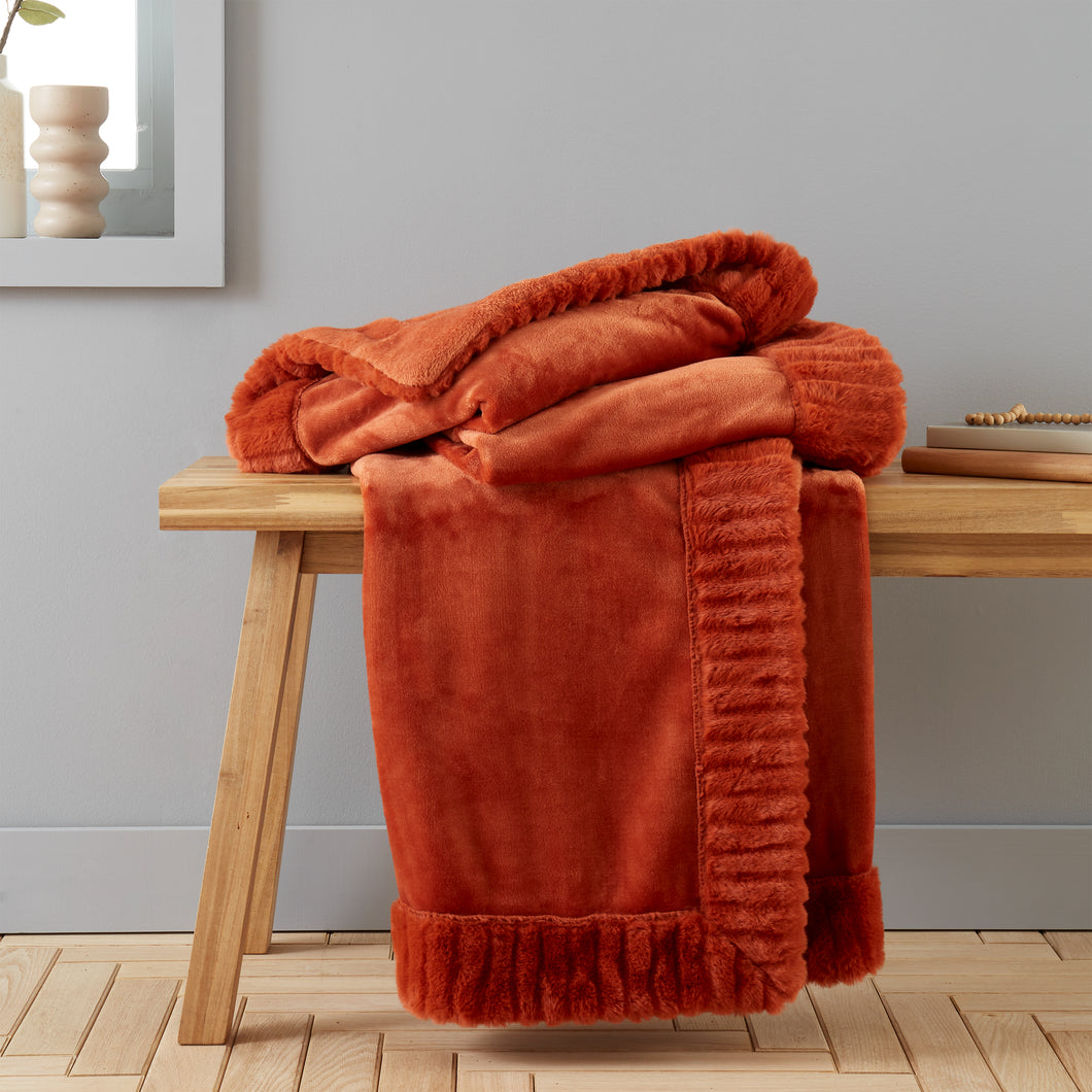 Velvet and Faux Fur Throw - Burnt Orange