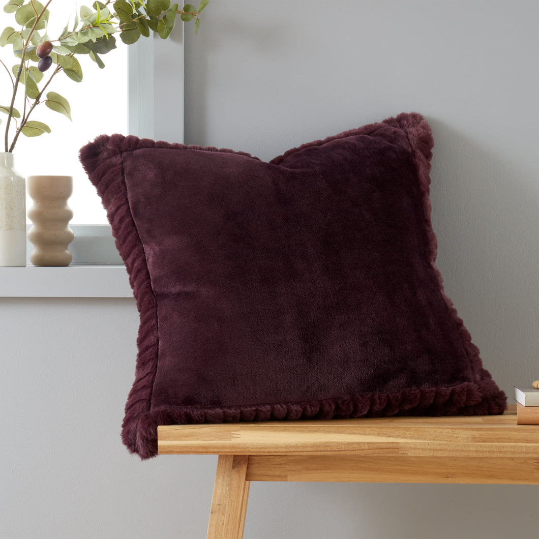 Velvet and Faux Fur Large Filled Cushion - Plum