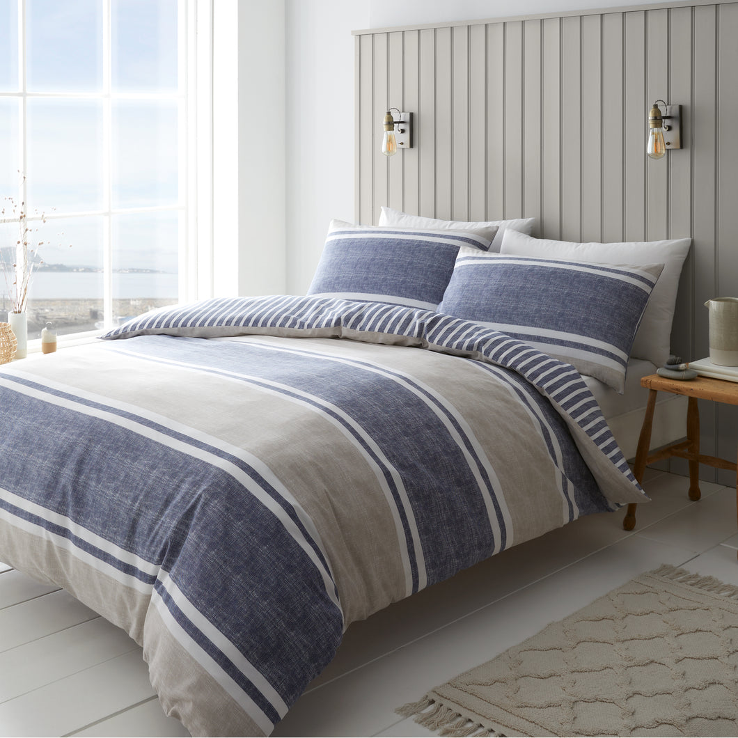 Textured Banded Stripe Duvet Set - Blue