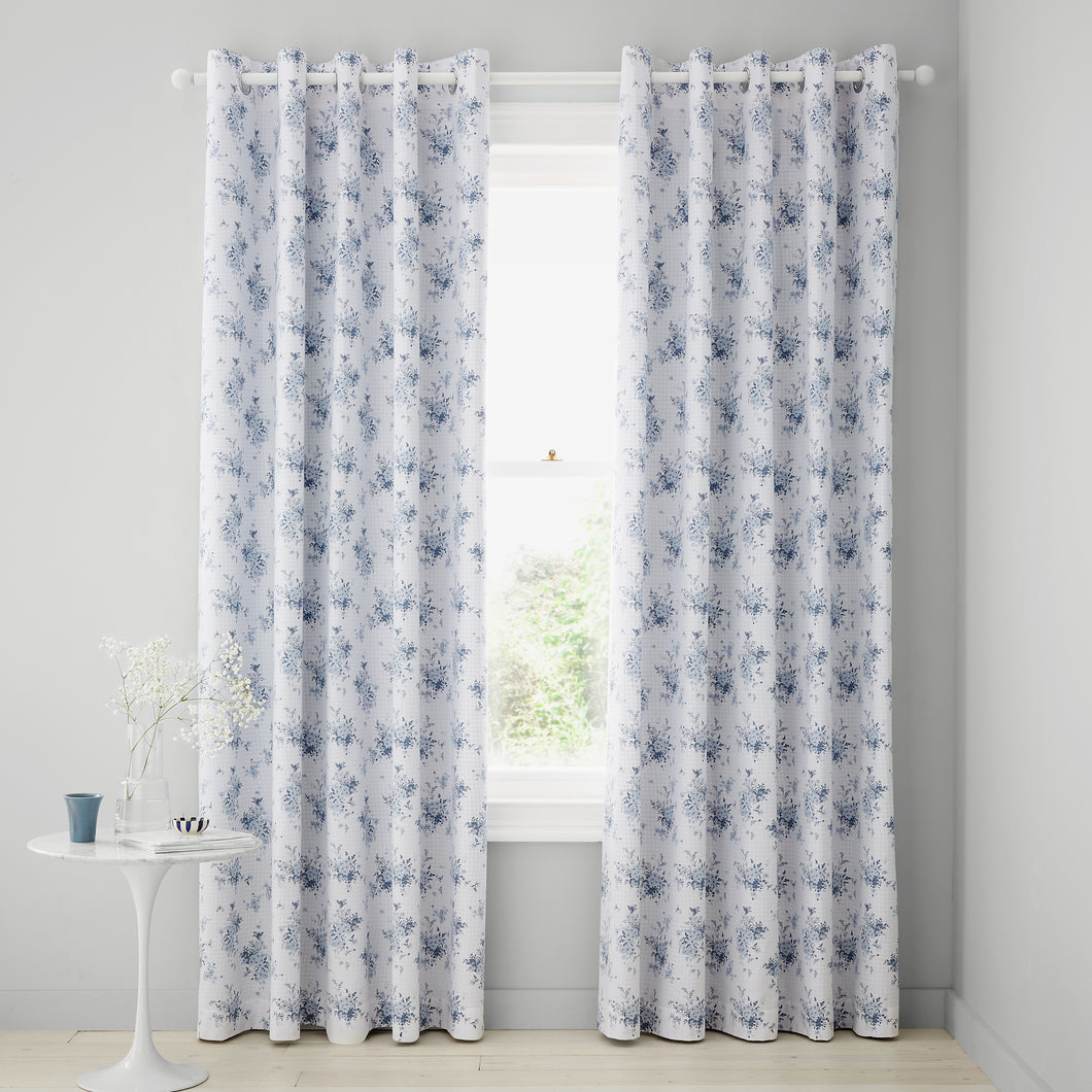 Lucie Blue Floral Frill Eyelet Curtains
