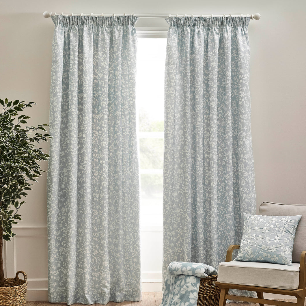 Brooke Floral Pencil Pleat Curtain Pair - Duck Egg