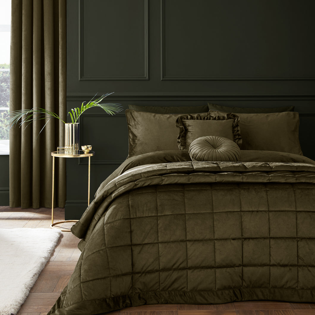 Kingsley Matt Velvet Bedspread - Olive Green