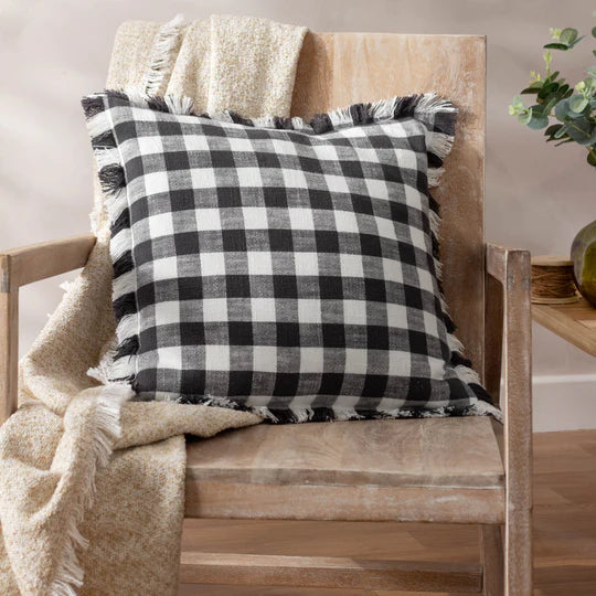 Barton Check Fringed Cushion - Black