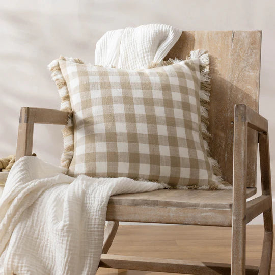 Barton Check Fringed Cushion - Natural