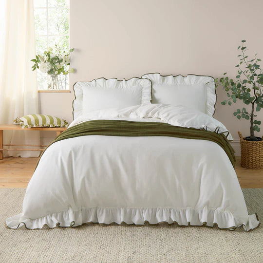 Blousey Cotton Ruffle Duvet Cover Set - Olive