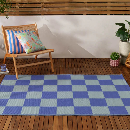 Checkerboard Outdoor 100% Recycled Rug Blue
