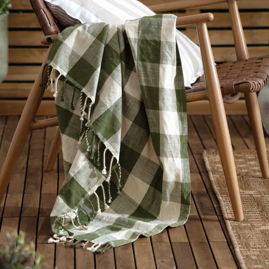 Chesil Check Tasselled 100% Cotton Throw - Moss