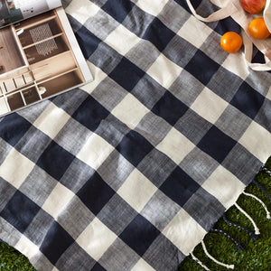 Chesil Check Tasselled 100% Cotton Throw - Navy