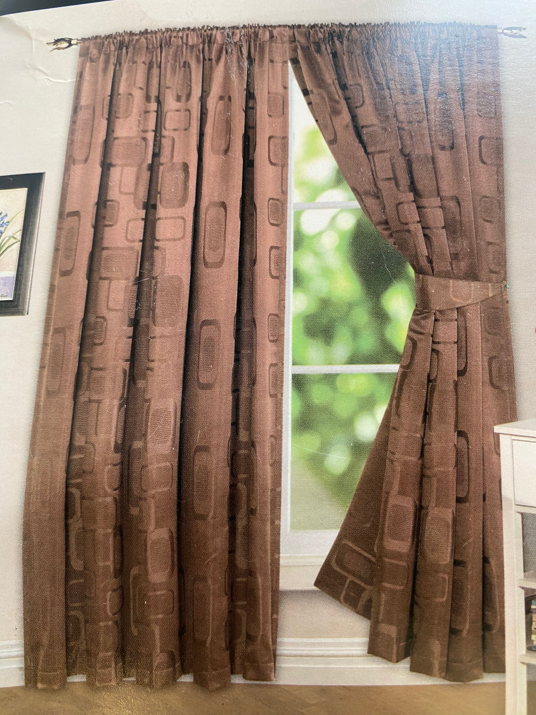 Geo Chocolate Brown Tape Top Curtains inc. Tie Backs