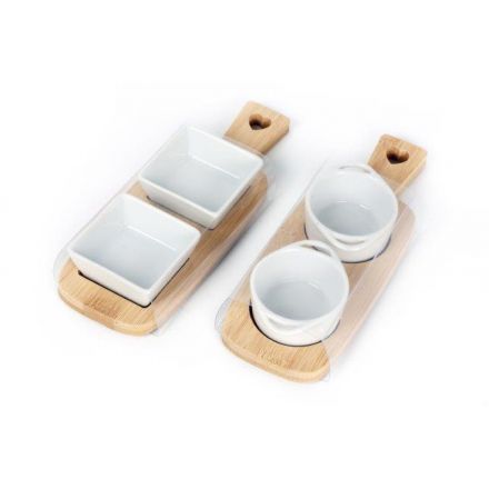 Mini Double Dipping Dishes on Bamboo Boards