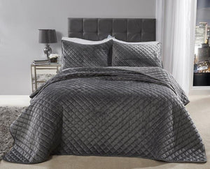 Grey Plush Quilted Bedspread Set